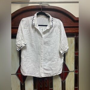White Embroidered Button-Up Women's Top